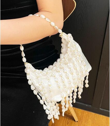 Pearl Purse, White Tasseled Pearl Satin Evening Bags, Shoulder Bag, Handbags for Party Wedding Travel in Saudi Arabia