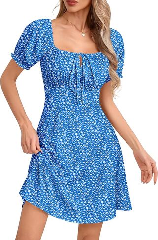 Missufe Women's Off Shoulder Puff Short Sleeve Drawstring Fit and Flared Summer Casual Flowy Floral Print Dress in Saudi Arabia