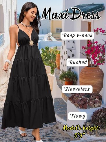 Kaei&Shi Backless Sundress for Beach, V Neck Flowy Maxi Dresses Women, Summer Boho Dress Bridal Shower Guest in Kuwait