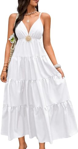 Kaei&Shi Backless Sundress for Beach, V Neck Flowy Maxi Dresses Women, Summer Boho Dress Bridal Shower Guest in Kuwait