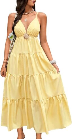 Kaei&Shi Backless Sundress for Beach, V Neck Flowy Maxi Dresses Women, Summer Boho Dress Bridal Shower Guest in Kuwait
