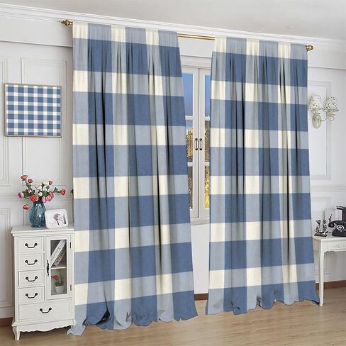 Navy Blue Buffalo Check Plaid Curtains, Rustic Farmhouse Print for Room Window Decor, Rod Pocket Drapes for Living Room Bedroom Kitchen 2 Panel Set 20.5" W X 45" L in Saudi Arabia