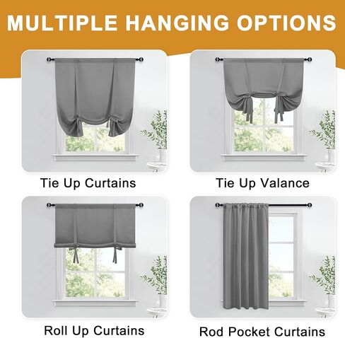 Hiasan Short Blackout Curtains-Thermal Insulated Tie Up Shade for Kitchen, Decorative Adjustable Rod Pocket Curtains for Small Window, Grey, W34 X L45 Inches, 1 Panel in Saudi Arabia