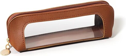 Small Clear Makeup Brush Bag, Brown PU Leather Travel Cosmetic Pouch, Transparent Waterproof Pencil Case Organizer with Zipper for Women Home & Office Storage in Saudi Arabia