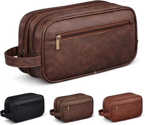 Men’s Toiletry Bag Travel Dopp Kit–double-deck PU Leather Water-Resistant Shaving Organizer Large Capacity, Double Compartments & Inner Pockets for Grooming, Bathroom & Gym Trip Toiletry Case(Coffee) in Kuwait