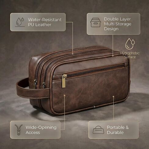 Men’s Toiletry Bag Travel Dopp Kit–double-deck PU Leather Water-Resistant Shaving Organizer Large Capacity, Double Compartments & Inner Pockets for Grooming, Bathroom & Gym Trip Toiletry Case(Coffee) in Kuwait