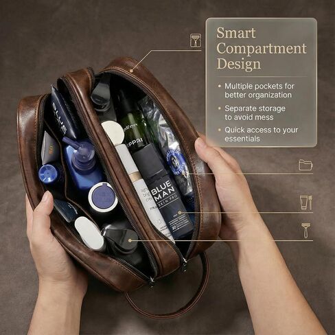 Men’s Toiletry Bag Travel Dopp Kit–double-deck PU Leather Water-Resistant Shaving Organizer Large Capacity, Double Compartments & Inner Pockets for Grooming, Bathroom & Gym Trip Toiletry Case(Coffee) in Kuwait