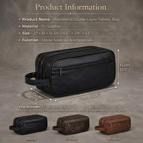 Men’s Toiletry Bag Travel Dopp Kit–double-deck PU Leather Water-Resistant Shaving Organizer Large Capacity, Double Compartments & Inner Pockets for Grooming, Bathroom & Gym Trip Toiletry Case(Coffee) in Kuwait