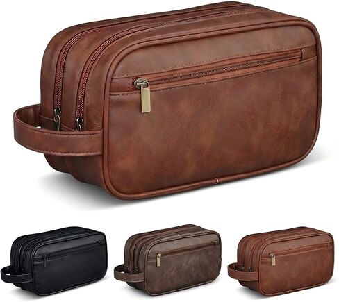 Men’s Toiletry Bag Travel Dopp Kit–double-deck PU Leather Water-Resistant Shaving Organizer Large Capacity, Double Compartments & Inner Pockets for Grooming, Bathroom & Gym Trip Toiletry Case(Coffee) in Kuwait