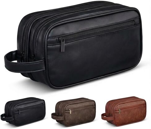 Men’s Toiletry Bag Travel Dopp Kit–double-deck PU Leather Water-Resistant Shaving Organizer Large Capacity, Double Compartments & Inner Pockets for Grooming, Bathroom & Gym Trip Toiletry Case(Coffee) in Kuwait