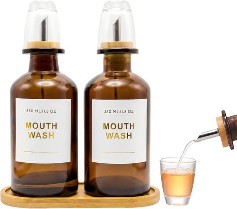 11.8OZ Glass Mouthwash Dispenser for Bathroom with Stainless Steel & Bamboo Nozzle, Mouthwash Cup Reusable, Bamboo Tray, and Elegant Gold Sticker.Set of 2（Amber in Saudi Arabia