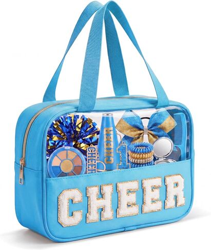 Cheer Makeup Bag Cheerleader Gifts Cheer Chenille Letter Cosmetic Bag Cheerleading Competition Accessories Clear Travel Toiletry Pouch for Girls Women-Royal Blue in Saudi Arabia