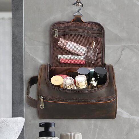 TIDING Mens Leather Hanging Toiletry Bag Travel Shaving Kit Portable Makeup Cosmetic Organizer Wash Case in Saudi Arabia