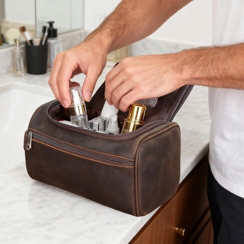 TIDING Mens Leather Hanging Toiletry Bag Travel Shaving Kit Portable Makeup Cosmetic Organizer Wash Case in Saudi Arabia