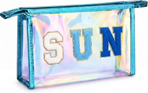 Hsei Holographic Waterproof Makeup Bag for Women Beach Pouch Sunscreen Bag PU Leather Embroidered Letters for Swim Travel(Purple) in Saudi Arabia