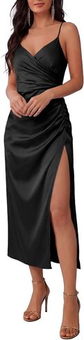 Women's Satin Wrap V Neck Spaghetti Straps Ruched Split Slit Midi Cocktail Dress in Saudi Arabia