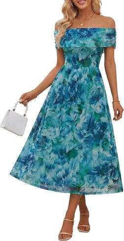 FENSACE Women's Summer Elegant Sleeveless Off-the-Shoulder Mesh Floral Wedding Guest Cocktail Midi Dress in Saudi Arabia