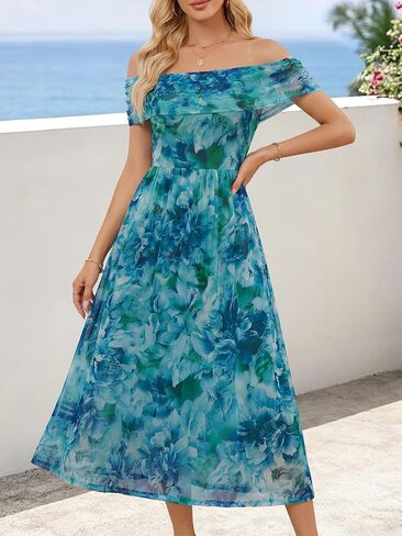 FENSACE Women's Summer Elegant Sleeveless Off-the-Shoulder Mesh Floral Wedding Guest Cocktail Midi Dress in Saudi Arabia