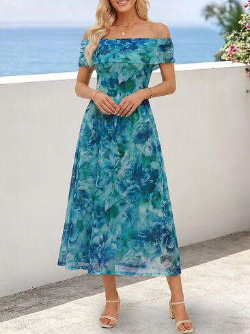 FENSACE Women's Summer Elegant Sleeveless Off-the-Shoulder Mesh Floral Wedding Guest Cocktail Midi Dress in Saudi Arabia
