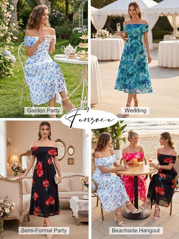 FENSACE Women's Summer Elegant Sleeveless Off-the-Shoulder Mesh Floral Wedding Guest Cocktail Midi Dress in Saudi Arabia