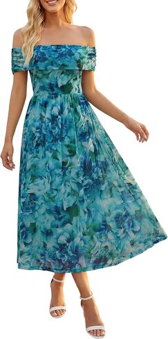 FENSACE Women's Summer Elegant Sleeveless Off-the-Shoulder Mesh Floral Wedding Guest Cocktail Midi Dress in Saudi Arabia