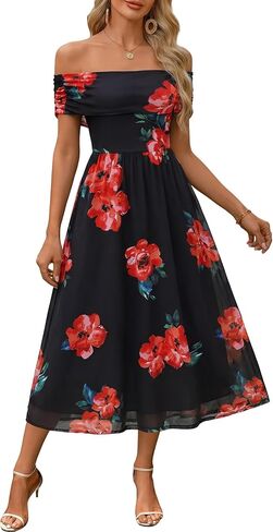 FENSACE Women's Summer Elegant Sleeveless Off-the-Shoulder Mesh Floral Wedding Guest Cocktail Midi Dress in Saudi Arabia