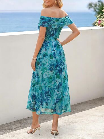 FENSACE Women's Summer Elegant Sleeveless Off-the-Shoulder Mesh Floral Wedding Guest Cocktail Midi Dress in Saudi Arabia