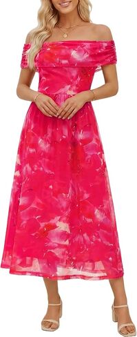 FENSACE Women's Summer Elegant Sleeveless Off-the-Shoulder Mesh Floral Wedding Guest Cocktail Midi Dress in Saudi Arabia