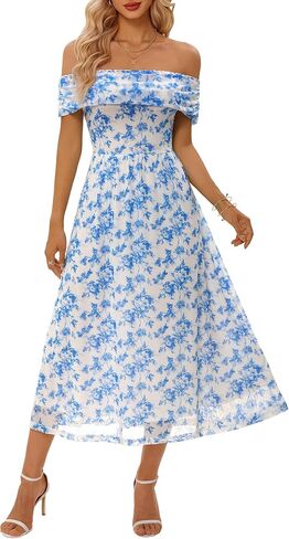 FENSACE Women's Summer Elegant Sleeveless Off-the-Shoulder Mesh Floral Wedding Guest Cocktail Midi Dress in Saudi Arabia