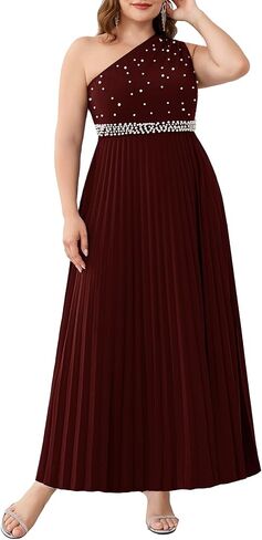 CYCLAMEN Plus Size One Shoulder Maxi Dress Pearl Sleeveless Pleated A Line Dresses Formal Wedding Guest Evening Gowns in Saudi Arabia