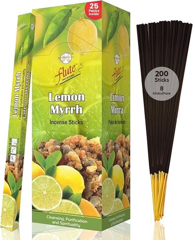 Flute Lemon Myrrh Incense Sticks, 200 Sticks | 9" Inch Agarbatti Sticks with 40 Mins Burning time | Calming Scent for Cleansing, Purification & Spirituality | 8 Sticks/Pack in Saudi Arabia