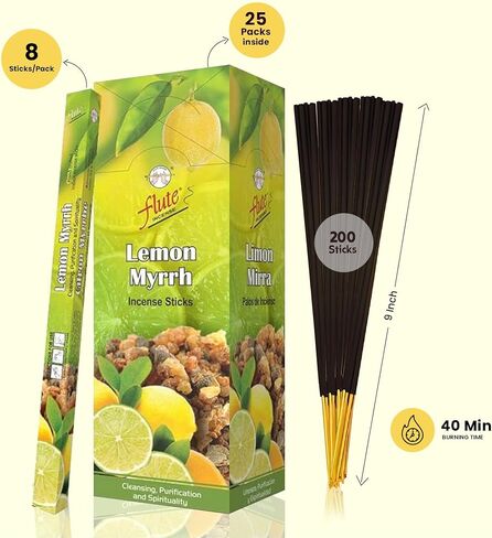 Flute Lemon Myrrh Incense Sticks, 200 Sticks | 9" Inch Agarbatti Sticks with 40 Mins Burning time | Calming Scent for Cleansing, Purification & Spirituality | 8 Sticks/Pack in Saudi Arabia