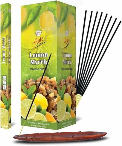 Flute Lemon Myrrh Incense Sticks, 200 Sticks | 9" Inch Agarbatti Sticks with 40 Mins Burning time | Calming Scent for Cleansing, Purification & Spirituality | 8 Sticks/Pack in Saudi Arabia