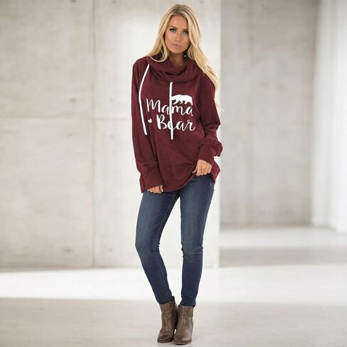 Women's Mama Bear Print Cowl Neck Hoodie Long Sleeve Drawstring Casual Sweatshirt in Saudi Arabia