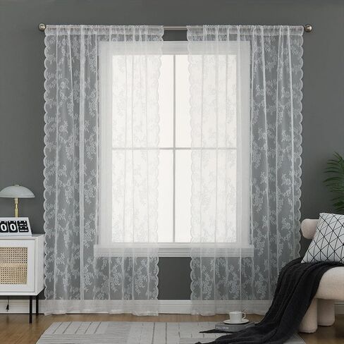 White Lace Curtains 78 Inches Long - Floral Embroidered Lace Sheer Curtains for Living Room Bedroom Kitchen, Rod Pocket Window Voile Curtains with Curtain Tiebacks, 2 Panels (59" W X 78" L) in Saudi Arabia