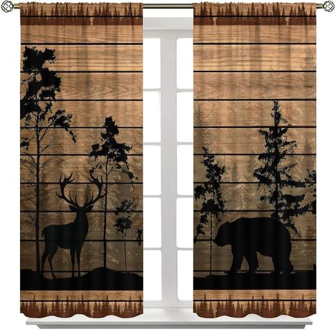 Farmhouse Forest Cabin Curtains for Kitchen Rustic Wooden Country Vintage Bear Deer Rustic Cabin Window Treatments for Farmhouse Bedroom Living Room 42x45in（No Blackout） in Saudi Arabia