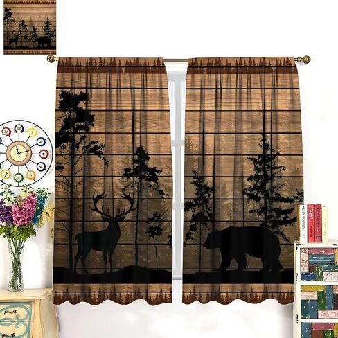 Farmhouse Forest Cabin Curtains for Kitchen Rustic Wooden Country Vintage Bear Deer Rustic Cabin Window Treatments for Farmhouse Bedroom Living Room 42x45in（No Blackout） in Saudi Arabia