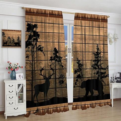 Farmhouse Forest Cabin Curtains for Kitchen Rustic Wooden Country Vintage Bear Deer Rustic Cabin Window Treatments for Farmhouse Bedroom Living Room 42x45in（No Blackout） in Saudi Arabia