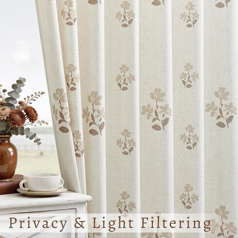 Coffee Floral Pleated Linen 102 Inch Curtains for Living Dining Room Pinch Pleat Light Filtering Semi Sheer Curtains Light Brown Pattern Print Flower on Beige Linen Boho Farmhouse Bedroom Drapes in Saudi Arabia