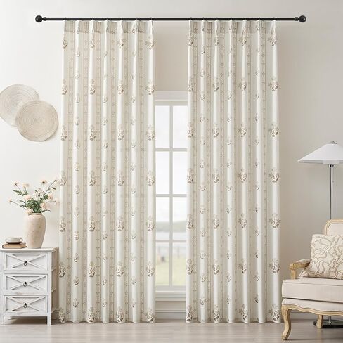 Coffee Floral Pleated Linen 102 Inch Curtains for Living Dining Room Pinch Pleat Light Filtering Semi Sheer Curtains Light Brown Pattern Print Flower on Beige Linen Boho Farmhouse Bedroom Drapes in Saudi Arabia