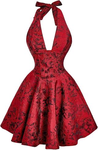 OYOANGLE Women's Floral Jacquard Halter Bow Dress Open Back Sleeveless Ruffle Short Dresses in Saudi Arabia