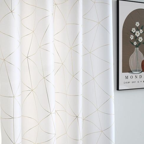 Taisier Home Gold Geometric Line Grommet Top Curtains, Lightweight Semi Sheer Light Filtering Window Drapes with Printing Design, White, W52 x L63 Inch, 2 Panels in Saudi Arabia