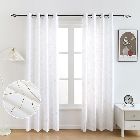 Taisier Home Gold Geometric Line Grommet Top Curtains, Lightweight Semi Sheer Light Filtering Window Drapes with Printing Design, White, W52 x L63 Inch, 2 Panels in Saudi Arabia