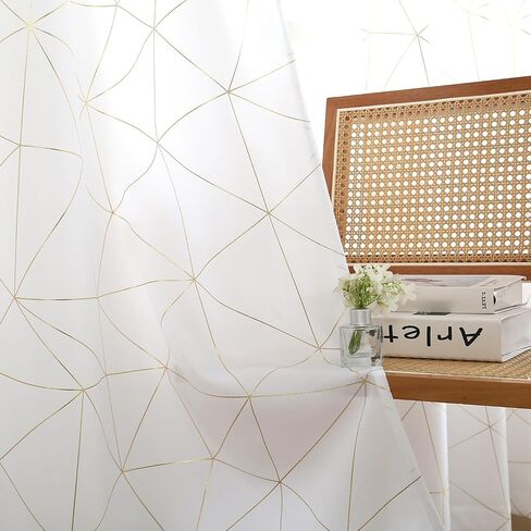 Taisier Home Gold Geometric Line Grommet Top Curtains, Lightweight Semi Sheer Light Filtering Window Drapes with Printing Design, White, W52 x L63 Inch, 2 Panels in Saudi Arabia