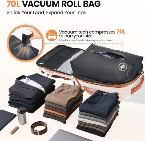 Fanwoli Vacuum Rolling Travel Backpack,Carry On Luggage with TSA Lock & Anti Theft Zipper,70L Expandable Airbag Backpack with Compression Pump,Waterproof Laptop Bag Ideal for Flight & Business,White in Saudi Arabia