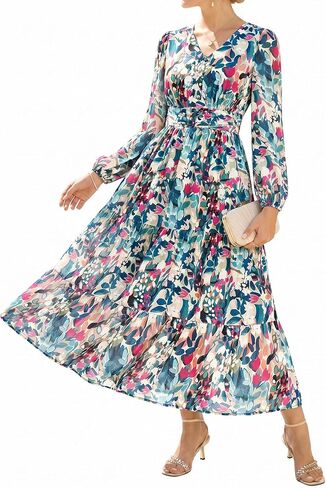 GRACE KARIN Women's Floral Long Sleeve Dress,Elegance Wedding Guest Dresses,V Neck Flowy Boho Maxi Dress with Pocket in Saudi Arabia