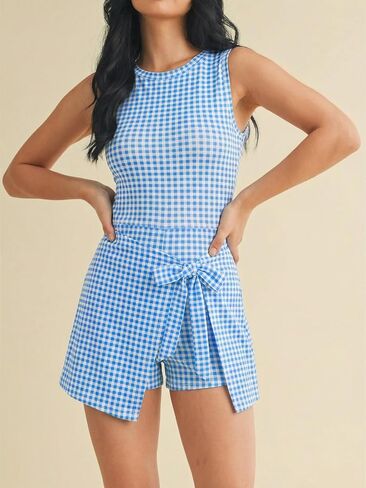 Wenrine Womens Summer Backless Mini Dress Gingham Wrap Tie Waist Romper Skort Built in Shorts Vacation Tank Sundress Blue in Saudi Arabia