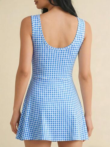 Wenrine Womens Summer Backless Mini Dress Gingham Wrap Tie Waist Romper Skort Built in Shorts Vacation Tank Sundress Blue in Saudi Arabia