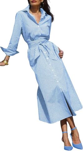 ebossy Women's Cotton Shirt Dress Casual Retro Lapel Long Sleeve Button Down Belted Plaid Maxi Dress with Pockets in Saudi Arabia