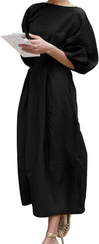 oshoplive Women's Vintage Linen Midi Dress Puff Sleeves Crew Neck Empire Waist Casual Dresses with Pockets in Saudi Arabia